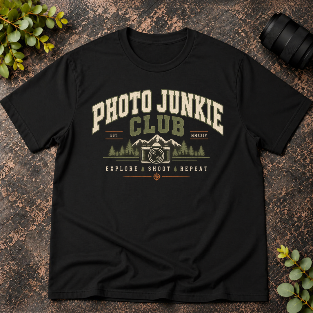 Photo Junkie Club Explore.Shoot.Repeat T-Shirt